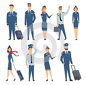Team of smiling civilian aircraft stewardess, aircraft pilot, aircrew captain and aviators dressed in uniform. Cheerful