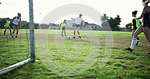 Team, soccer and women score goal at field, exercise or workout in competition. Group, kick and girls play football on