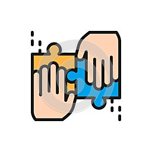 Team solves a jigsaw puzzle flat color line icon.
