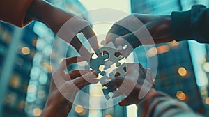 A team solving a jigsaw puzzle.