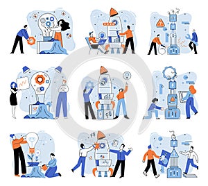 Team solving problems. Data scientists, software engineer, statistician, programmers, visualizer and analyst working on