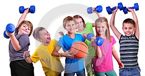 Team of sportive kids friends with dumbbells and ball