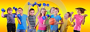 Team of sportive kids friends with dumbbells and ball