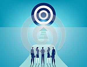 Team standing on start line and see target of start up. A path full of obstacles