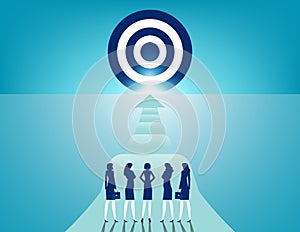 Team standing on start line and see target of start up. A path full of obstacles