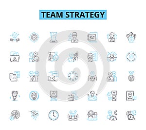 Team strategy linear icons set. Collaboration, Unity, Synergy, Cohesion, Consensus, Alignment, Communication line vector