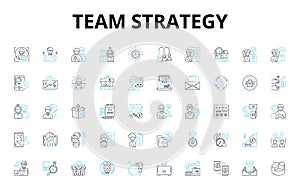 Team strategy linear icons set. Collaboration, Unity, Synergy, Cohesion, Consensus, Alignment, Communication vector