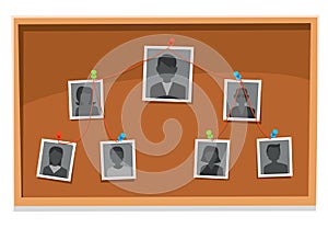 Team structure chart. Company members board, pinned working team photos and organization tree charts research vector