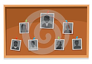 Team structure chart. Company members board, pinned working team photos and organization tree charts research vector illustration