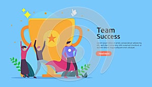 Team success with trophy cup. winning teamwork concept. Together achievement with people character for web landing page template,