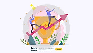 Team success with trophy cup. winning teamwork concept. Together achievement with people character for web landing page template,