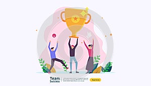 Team success with trophy cup. winning teamwork concept. Together achievement with people character for web landing page template,