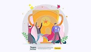 Team success with trophy cup. winning teamwork concept. Together achievement with people character for web landing page template,