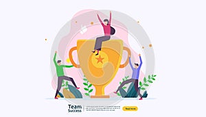 Team success with trophy cup. winning teamwork concept. Together achievement with people character for web landing page template,