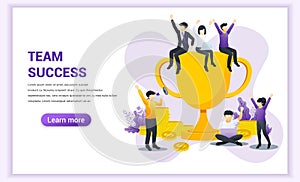 Team success web banner concept. Successful Business team work. businessman and women together celebrating victory by winning the