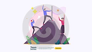 Team success with winning flag on on top of a mountain. teamwork concept with people character for web landing page template,