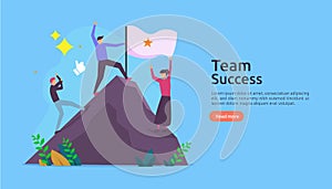 Team success with winning flag on on top of a mountain. teamwork concept with people character for web landing page template,