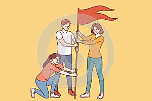 Team of successful people plants victory flag, symbolizing excellent teamwork and personal growth