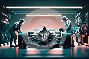 team of technicians and drivers prepare car for start of formula one racing, generative ai