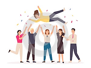 Team throwing person in air. Celebrate win and business success congratulation. Friends toss up woman at party with confetti