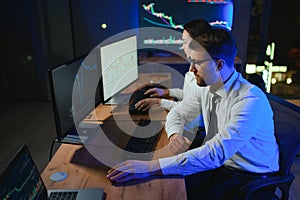 Team of traders working at monitor computer and browsing online in trading office