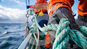 A team of trained professionals work together to quickly deploy a boom system using ropes and anchors to secure it in photo