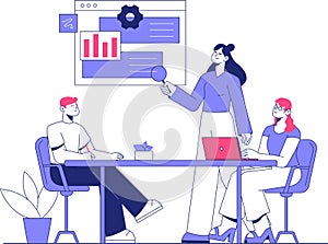 Team Collaboration With Data Presentation In Flat Vector Illustration Symbolizing Teamwork, Technology, And Project