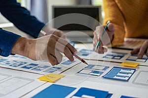 A team of UI UX web designers is working together to develop a mobile responsive website by previewing UI UX Front