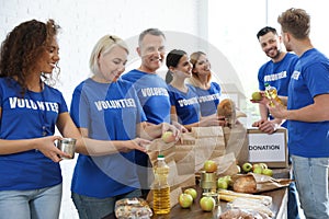 Team of volunteers collecting food donations photo