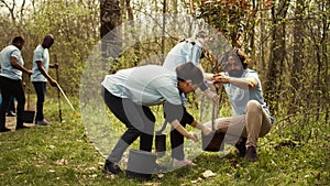 Team of volunteers planting trees around forest area for nature preservation