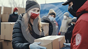 Team of volunteers working in charity donation center to the victims. photo