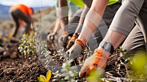 A team of volunteers working together to plant trees and shrubs in a previously barren area. These plants will