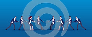 Team war. Business people rivals pulling rope. Competition, conflict in office vector concept photo