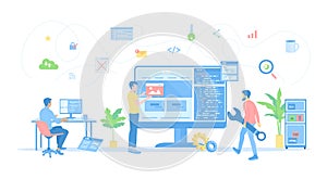 Team of web developers working on computer, building site, programming code. Website Development, Programming, Optimization.