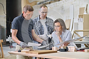 Team of woodworking workshop workers are discussing. Group of people client, designer or engineer and workers discuss work