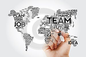 TEAM word cloud in shape of world map, business concept background