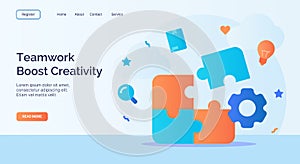 Team work boost creativity instal puzzle element icon campaign for web website home page landing template with cartoon