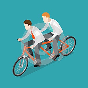 Team work businessmen riding tandem bike flat isometric vector