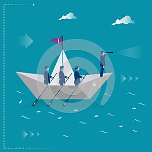 Team work. Businessmen rowing on the paper ship. Business metaphor, vector illustration