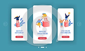 Team Work, Challenge Partnership and Leadership Mobile App Page Onboard Screen Set. Business People Climbing Up