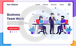 Team work in Co-Working space concept, People work on desk. Modern flat web page design for website and mobile development. Vector