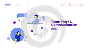 Team Work And Communication Website With Illustration Of Characters Working As Together