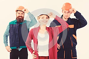 Team work concept. Builder, engineer, labourer, repairman as friendly team