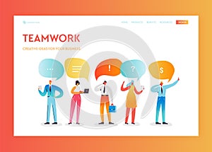 Team Work Creative Process Landing Page Template. Social Media Communication Concept with People Characters Working