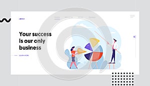 Team Work Datum Analysis Website Landing Page. Businesspeople Assemble Huge Pie Chart Pieces. Business People
