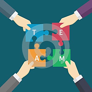 Team Work Illustration Of Businessman Hand Holding Part Of Puzzle