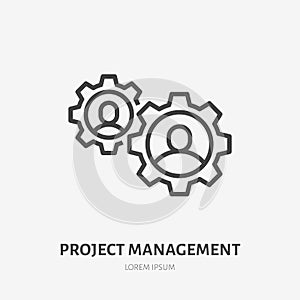 Team work line icon, vector pictogram of collaboration process. People in cog wheel, efficiency stroke sign for project