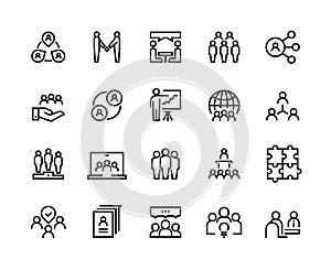 Team work line icons. Business person group work human support teamwork leadership working together. Vector employee photo