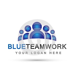 Team work logo in blue partnership education celebration group work people symbol icon vector designs on white background