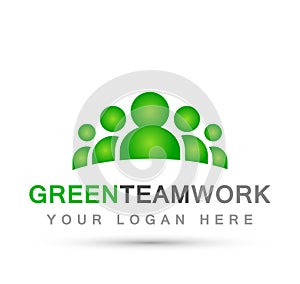 Team work logo in green partnership education celebration group work people symbol icon vector designs on white background